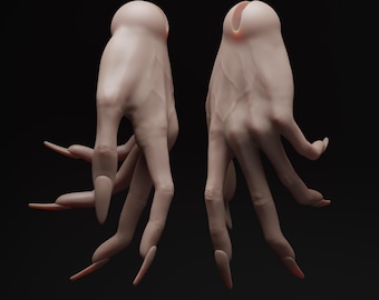 May include: Two pale, elongated, hand-like sculptures with prominent veins and sharp, pointed fingertips. The forms are positioned vertically, showing both the palm and back sides, with smooth, light-toned surfaces against a black background.