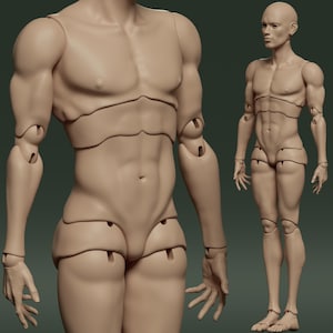 Puede incluir: Una figura masculina articulada de color beige con un físico musculoso. La figura está segmentada en las articulaciones, lo que permite posar. La figura es calva y tiene una expresión neutra. El fondo es de color verde oscuro liso.
