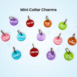 May include: A collection of twelve circular glittery resin mini collar charms with metal jump rings. Each charm features white text including: NERVOUS, DEAF DOG, DO NOT FEED, NEEDS MEDS, CALL MY MOM, ALLERGIES, HOUSE CAT, INDOOR ONLY, IN TRAINING, FRIENDLY, BLIND DOG, INDOOR DOG, and CALL MY DAD.