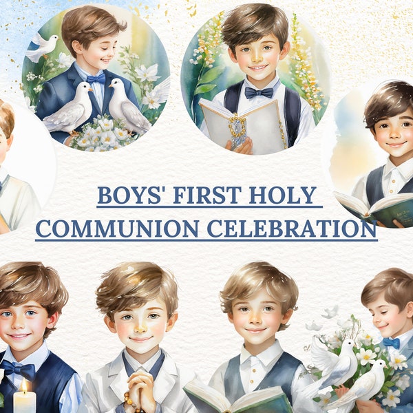 Boys' First Holy Communion Celebration. Watercolour 15 ClipArt's and Stickers First Holy Communion. Pierwsza Komunia Swieta