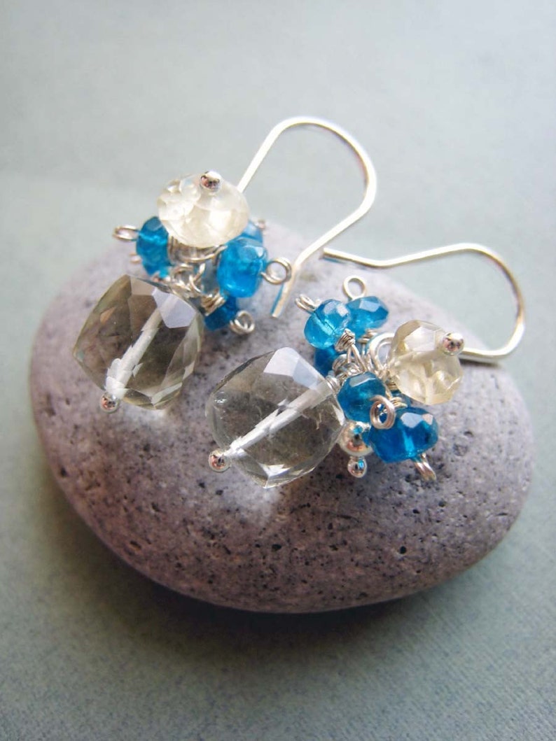 Sunshine earrings green amethyst, lemon quartz, electric blue apatite & sterling silver image 1