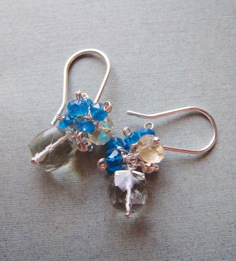 Sunshine earrings green amethyst, lemon quartz, electric blue apatite & sterling silver image 3
