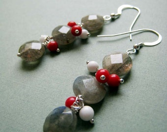 Storm Clouds earrings - labradorite, coral & sterling silver