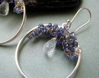 Hydrangea earrings - tanzanite, iolite, crystal quartz, goldfilled & sterling silver