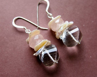 Clotilde || earrings || quartz, rose quartz, heishe flake pearls & sterling silver