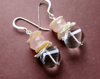 Clotilde // pendientes // cuarzo, cuarzo rosa, perlas de escamas heishe y plata de ley