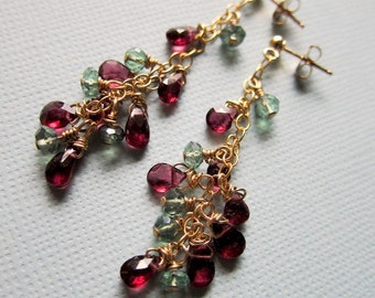 Eva || earrings || green mystic quartz, rhodolite garnet & 14k goldfilled