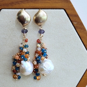Farah || earrings || baroque flameball pearls, sunstone, apatite, fire opal, moonstone, 14kt goldfilled and vermeil