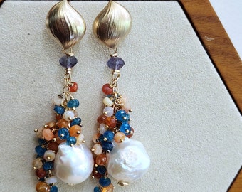 Farah || earrings || baroque flameball pearls, sunstone, apatite, fire opal, moonstone, 14kt goldfilled and vermeil