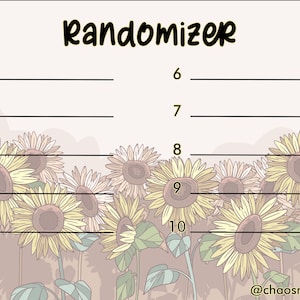 May include: A printable sunflower-themed randomizer with numbers 1 through 10 listed on the left side of the page. The text "Randomizer" is at the top of the page. The background is a light pink with a pattern of sunflowers.