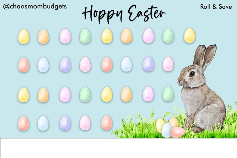 May include: A printable Easter-themed game board with the text "Hoppy Easter" and "Roll & Save". The board features 36 pastel-coloured eggs arranged in a grid. A cartoon bunny sits in the grass at the bottom right of the board.