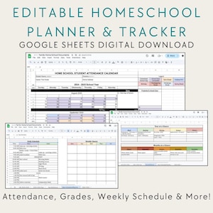May include: Editable Google Sheets homeschool planner and tracker. The image shows a screenshot of a Google Sheet with a calendar, a weekly schedule, and a student attendance tracker. The text "HOME SCHOOL STUDENT ATTENDANCE CALENDAR" is visible in the image.