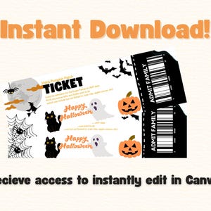 Op de afbeelding: Een Halloween-ticketontwerp in zwart en wit. Het heeft een volle maan, vleermuizen, spinnen, pompoenen, geesten en de tekst "Happy Halloween". De woorden "Instant Download" staan bovenaan.