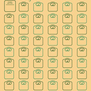 May include: A printable weight loss tracker with 52 green and black scale icons on a yellow background. The text "52 WEEK Weightloss tracker" is at the top of the page. The text "POIDS DEPART" is in a box at the top left of the page. The text "OBJECTIF ATTEINT" is in a box at the bottom right of the page. The text "GOLDEN MARKET" is at the bottom center of the page.