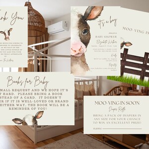 May include: A set of printable baby shower invitations with a cow theme. The invitations feature a watercolor illustration of a cow's face and the text "It's a boy!" and "Moo-ving in Soon".