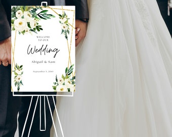 Digital White Floral Wedding Welcome Sign | Wedding Welcome Sign | Wedding Sign | White flowers Wedding Sign | Elegant floral Wedding Sign