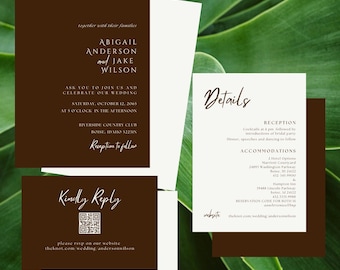 Digital Chocolate Wedding Invitation, RSVP. & Details cards, Brown RSVP, Brown Details Card, Chocolate Brown Wedding bundle, Brown Invite