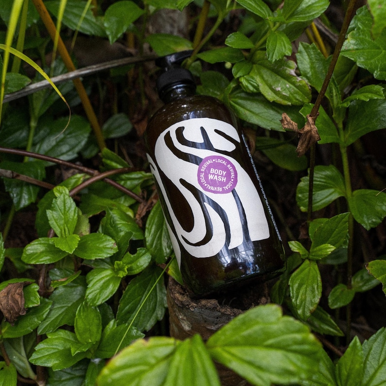 May include: A dark brown bottle of body wash with a black pump dispenser. The label features a large white design and the words "BODY WASH" in a purple circle. The bottle is surrounded by green leaves.