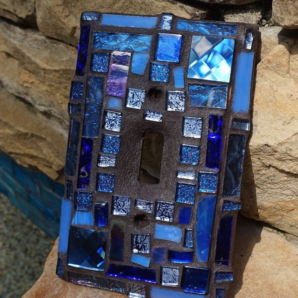 Mosaic Light switch plates wall outlet cover stained glass tiles ceramic Beach Toggle Rocker cobalt Blue ART  home decor