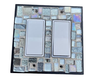 Mosaic light switch plates DOUBLE ROCKER cover stained glass decor art custom made silver tile blends