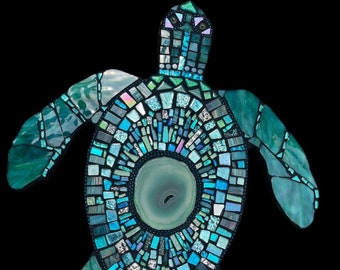 Mosaic Turtle Wall hanging logger head Sea art  green stained glass ceramic millifori glitter tiles