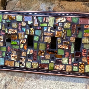 Mosaic light switch covers Custom sizes copper green  brown mix. Quad beaded 4 toggle. Custom Made to ORDER