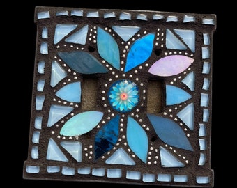 Mosaic Light Switch plate covers Blue mix Tiffany  stained glass mixed beaded metal frame