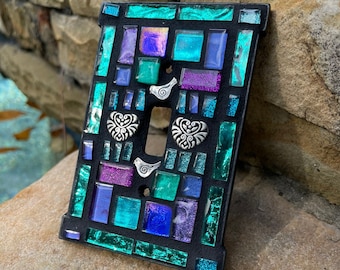 light switch plate covers Purple Turquoise silver hearts tiles wall cover mosaic beaded blend