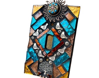 Mosaic Light switch plate covers, single toggle, Birds Tree of life Sun, stained glass decor Beach ceramic tiles turquoise mix Art