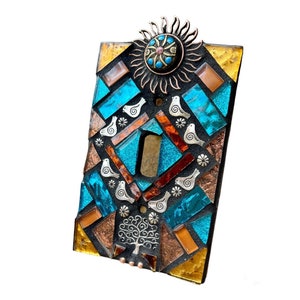 Mosaic Light switch plate covers, single toggle, Birds Tree of life Sun, stained glass decor Beach ceramic tiles turquoise mix Art image 1