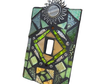 Mosaic light switch plates cover stained glass decor art tiles Toggle custom colors Green Birds tree of life