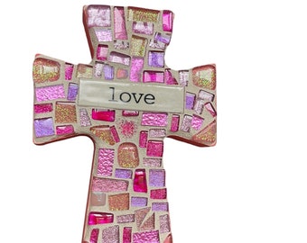 Pink Mosaic Cross 6"  LOVE Wall decor stained glass rainbow of colorful stones