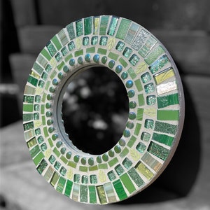 Mosaic Leaf Wall Mirror: Green Art Glass Tile Decor, 8" Round