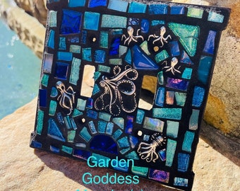 Mosaic light switch plates cover DOUBLE TOGGLE octopus octopi stained glass decor art tiles  custom colors