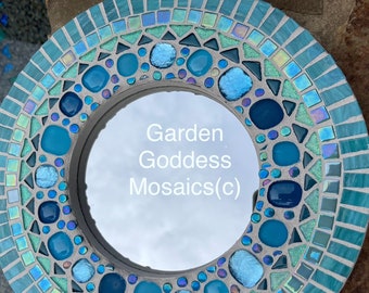 MOSAIC Art MIRROR Beach House blue 12" round stained glass decor one of a kind