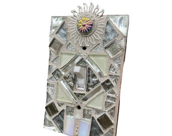 Mosaic Light switch plate covers, single toggle, Silver Sun, stained glass decor Art