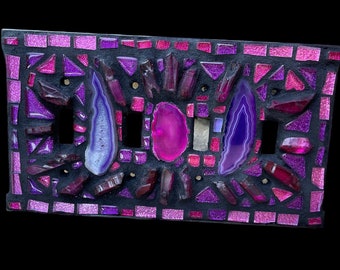 Crystals light switch plate cover purple pink agate geode  stained glass decor  Quad Toggle  FUNKY wild