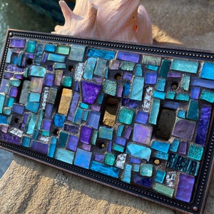 Mosaic Light Switch plate covers Purple blue glass mixed beaded metal frame