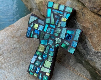 Mosaic Cross  Wall decor stained glass BLUE of colorful stones