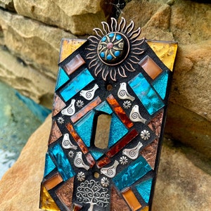 Mosaic Light switch plate covers, single toggle, Birds Tree of life Sun, stained glass decor Beach ceramic tiles turquoise mix Art image 4