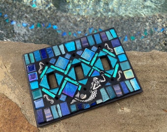 Mermaid Mosaic light switch cover duplex outlet Pineapple  wall outlet covers stained glass decor ceramic Beach  turquoise ART  Custom made