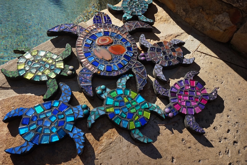 Art Collectibles Mosaic Turtle Wall Hanging Beach Lover Themed Sea Art Stained Glass Decor Ceramic Tiles Designer Baby Turtle Art Gift Mixed Media Collage