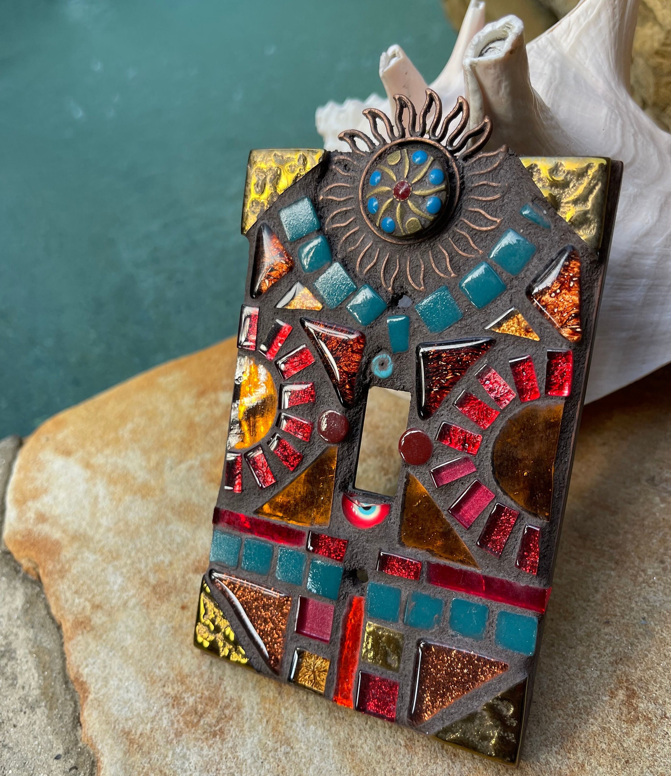 Mosaic Light switch plate covers, single toggle,  stained glass decor South Western ceramic tiles turquoise mix Art
