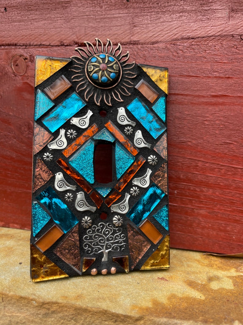 Mosaic Light switch plate covers, single toggle, Birds Tree of life Sun, stained glass decor Beach ceramic tiles turquoise mix Art image 3