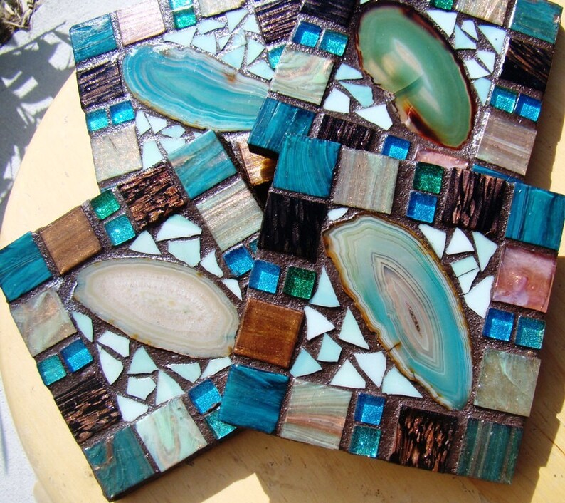 Mosaic Coasters Agate Ceramic Tiles Functional Drink Ware Etsy