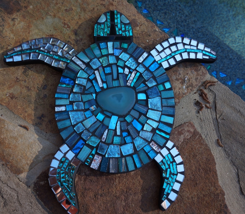 Mosaic Turtle Wall hanging logger head Sea art BLUE stained glass decor mirrored ceramic agate tile CUSTOM Made to Order
