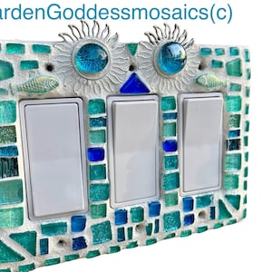 Mosaic light switch plates Sun fish Beach Home Decor stained glass Turquoise art Beautiful colors image 1