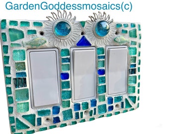 Mosaic light switch plates Sun fish Beach Home Decor stained glass Turquoise art  Beautiful colors