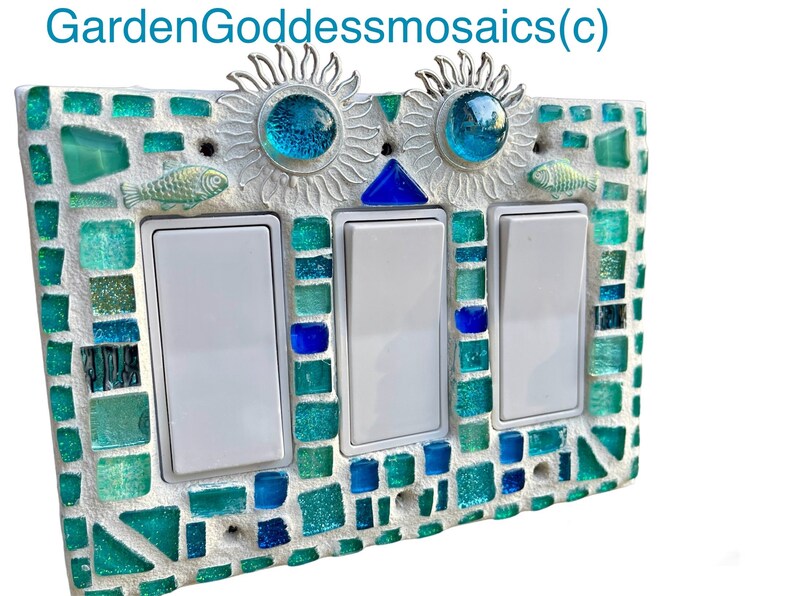 Mosaic light switch plates Sun fish Beach Home Decor stained glass Turquoise art Beautiful colors image 1