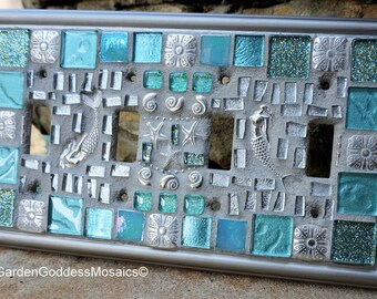 Switch plates Mermaid Mosaic Light switch QUAD toggle plate cover stained glass decor Beach shells tiles turquoise  ART Custom Made to Order